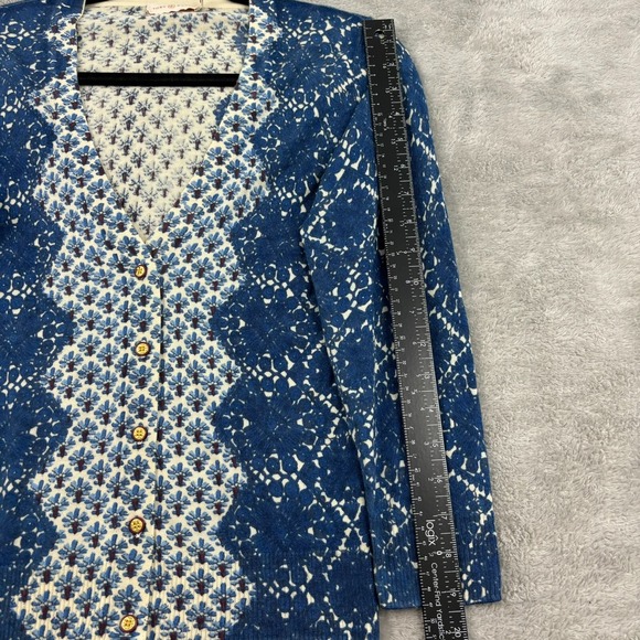 Tory Burch 100% Wool Cardigan Sweater Womens XS Blue Geometric Old Money Classic - Picture 14 of 16